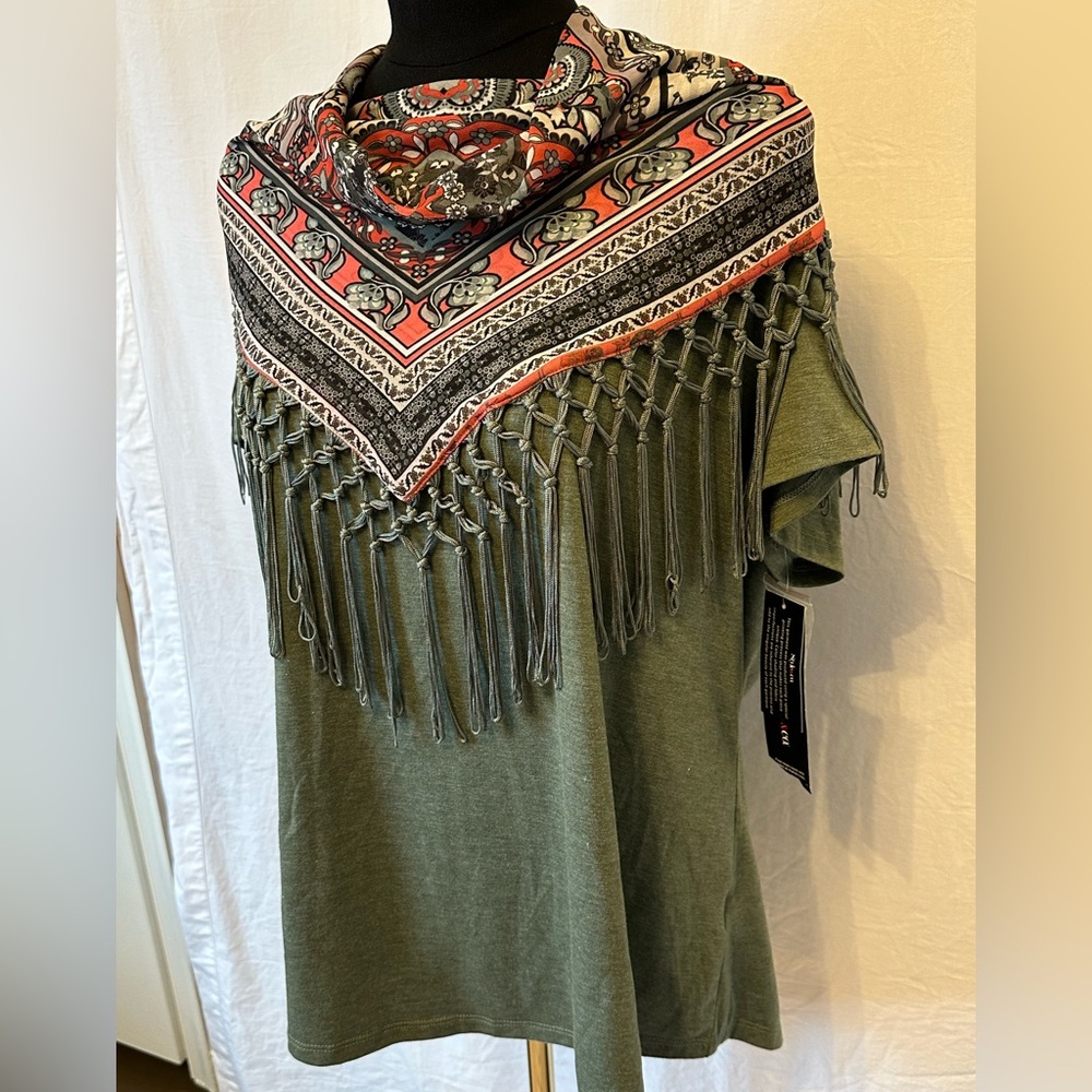 Style & Co Olive Green Top‎ with Removable Fringe Scarf NWT Size XL